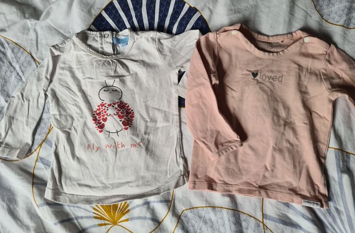 Lot 2 hauts. Tee-shirt. Manches longues. 9 mois. Rose noppies baby. blanc TQF collection
