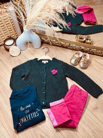 Taille 12 mois tenue 3p fille multimarque rose et bleu marine * fleurs * 🎀