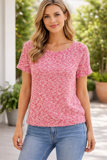 pull manches courtes en coton tricoté main 48 x 62 cm rouge chiné Taille 38 Phildar Neuf