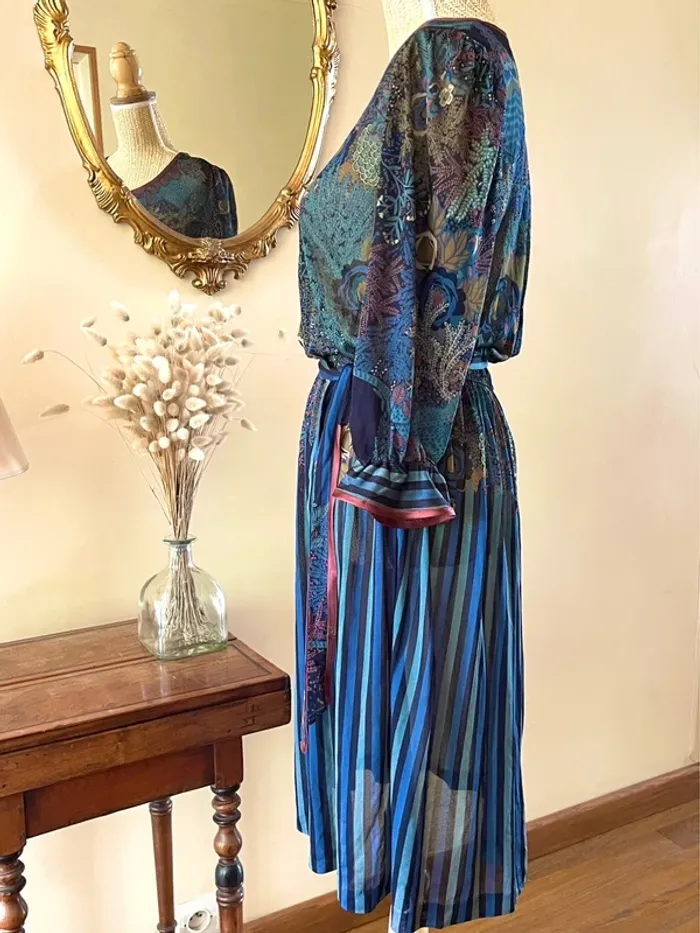 Robe à Motifs Végétal Panthère Plissé – Multi-Couleurs – Vintage – Taille M - photo numéro 4