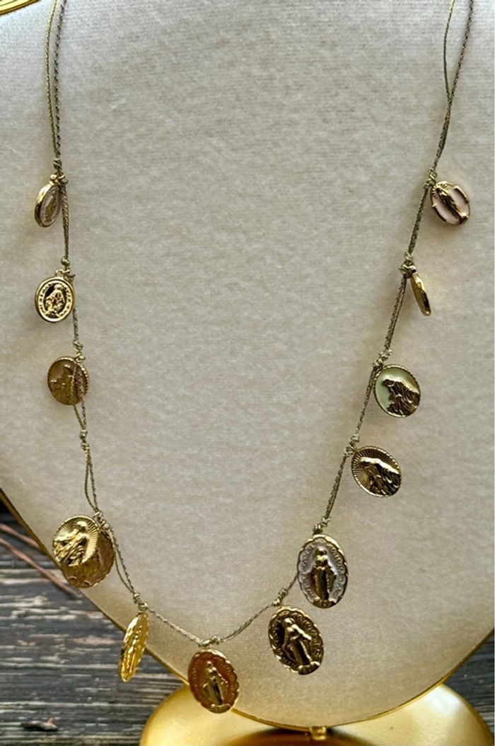 Collier Habaha paris réglable double cordon médailles acier inoxydable or vierges - photo numéro 3