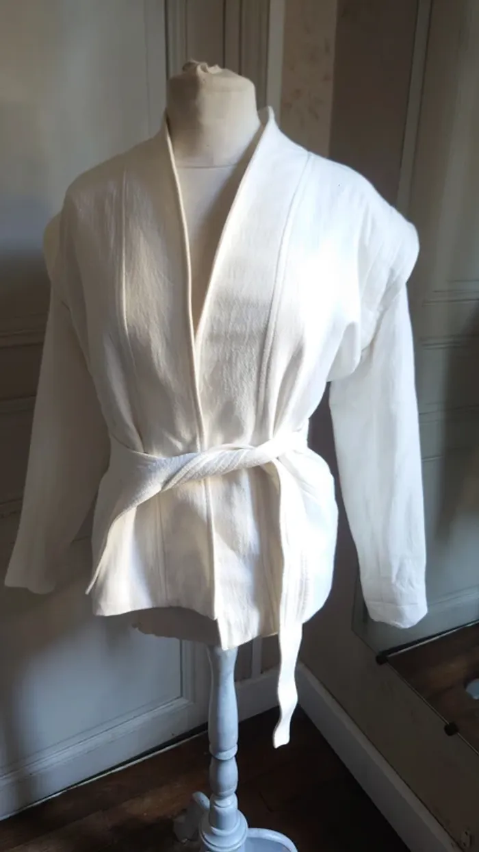 Manteau Veste Kimono t 34 36 Valentin Bérénice mi saison ceinturée blanc Coton - photo numéro 5