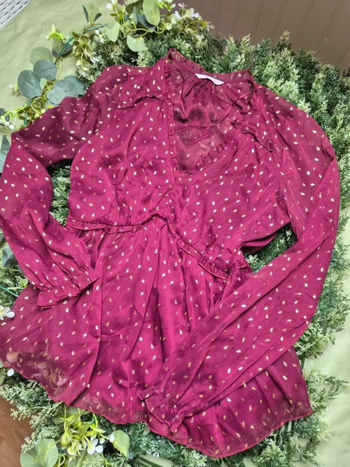 Blouse bordeaux transparente a imprimés taille 38 camaieu