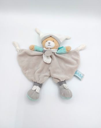 Doudou plat ours Polochon BABY NAT BABYNAT gris blanc vert pois BN0352
