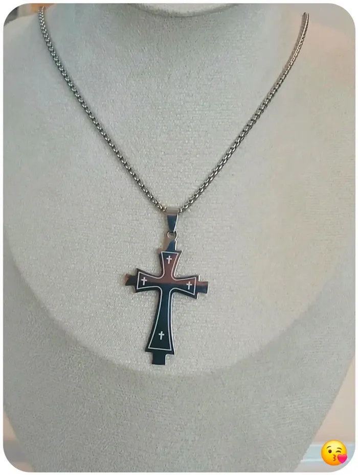 Collier croix acier inoxydable noir et gris - photo numéro 2