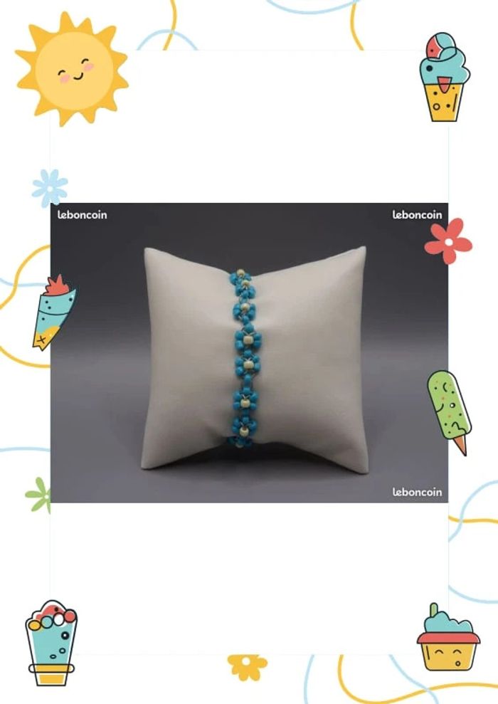 Bracelet perles de rocaille motif fleur bleu et creme fait main - photo numéro 3