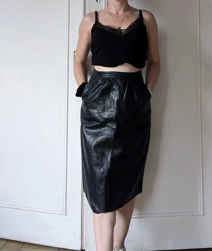 💎 jupe midi en cuir noir sexy chic rockabilly créateur français vintage GMG rare authentique t XS 34 - photo numéro 2