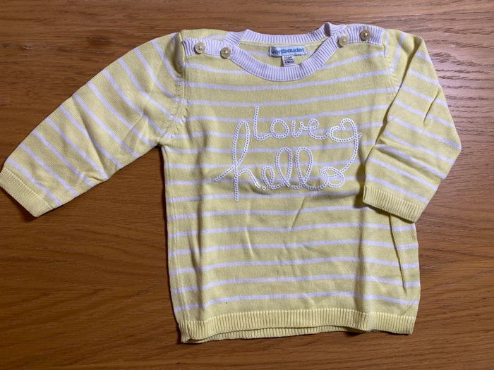 Vertbaudet Pull rayé jaune et blanc Taille 9 mois - photo numéro 2