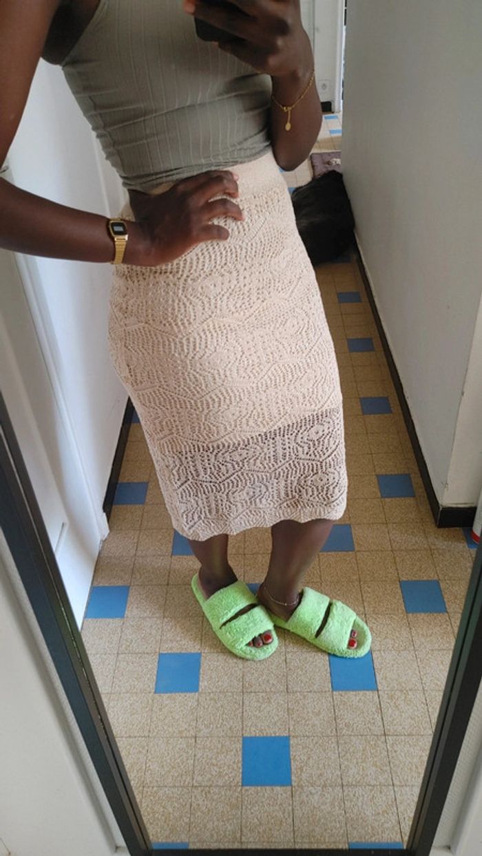 Jupe en crochet dentelle doublé et ajouré beige - photo numéro 16