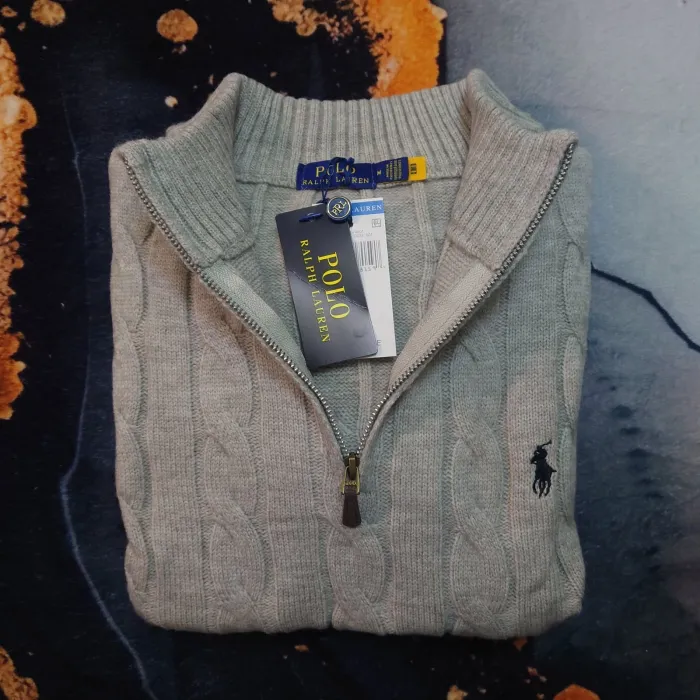 Pull torsadé Half Zip Ralph Lauren - Taille M - Gris logo brodé noir - Neuf