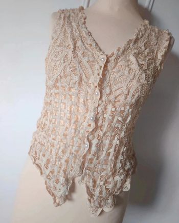 💎gilet en crochet élégant chic beige nude doré taille unique xs s m l extensible vintage authentique