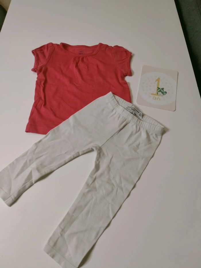 ensemble 12 mois – T-shirt rose & legging blanc - photo numéro 2
