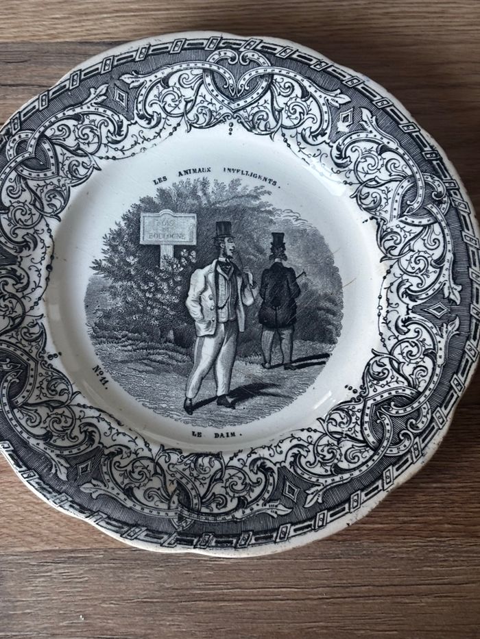 Vintage série de 7 assiettes parlantes en faïence de Creil « les animaux intelligents » - photo numéro 7