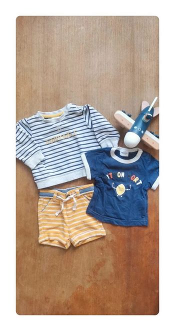 🌼 Ensemble 3mois 59cm Tape à l'œil short éponge tee shirt citron fort bleu pull adorable garçon👶