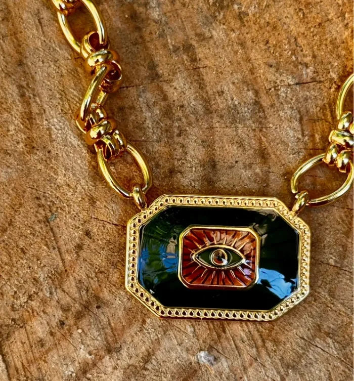 Gros collier  maillons épais large médaille grigri œil acier inoxydable or habaha Paris - photo numéro 3
