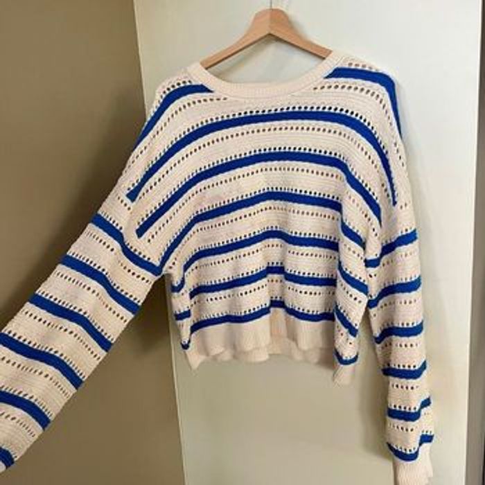 Pull ajouré coton rayé bleu blanc écru BZB taille L 100 % coton maille printemps été légère V060 - photo numéro 3