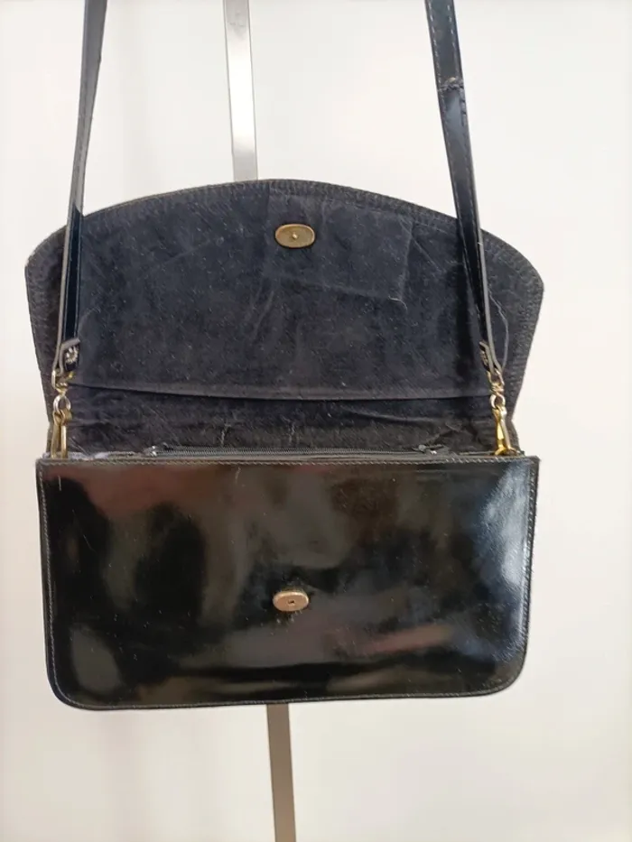Pochette / Sac à Main Noir Vernis Vintage - mariage, fêtes, cocktail -26x15,5 cm - porté épaule - photo numéro 2