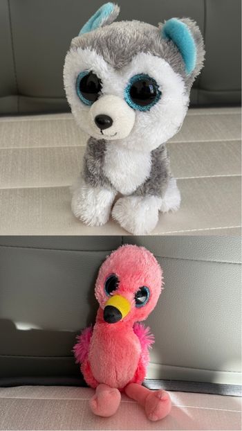 Lot 2 peluches Ty Beanie Boo — Flamant rose & Loup Husky