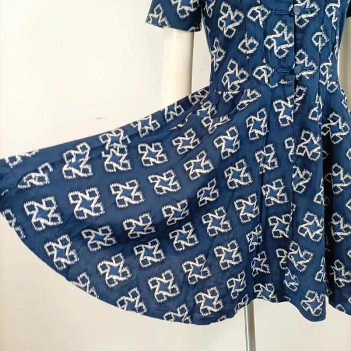 Robe Chattawak en coton bleu indigo à motifs blancs - Taille 12 ans - 100% coton - A663 - photo numéro 7