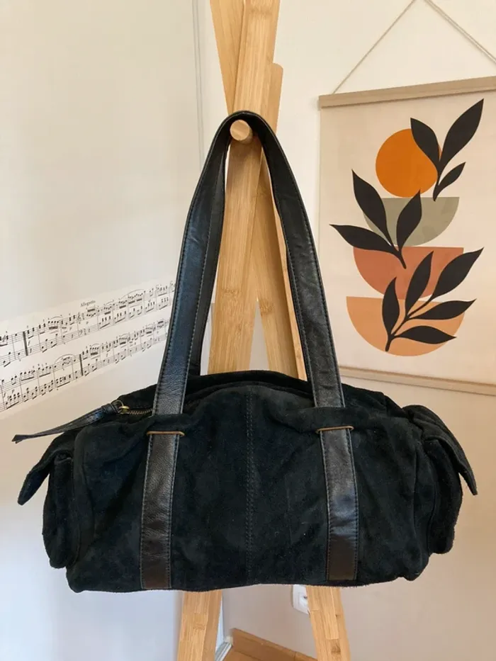 Sac vintage en cuir et croûte de cuir noir très bon état [ref 2506SBl 112] - photo numéro 3