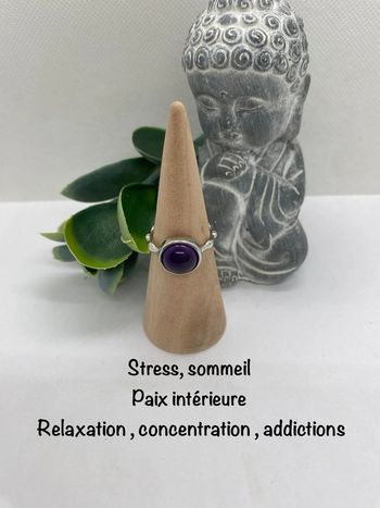 Bague améthyste , ajustable et inoxydable, lithothérapie