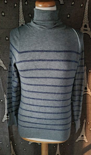 Pull col roulée gris à rayures marine pailleté taille S