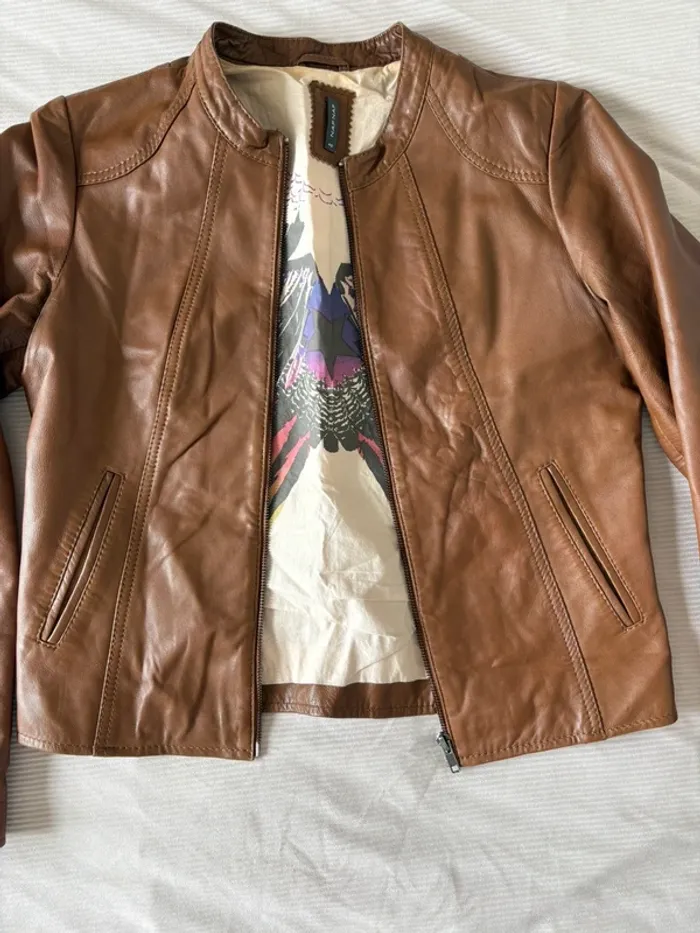 Veste en cuir marron Naf Naf 100% agneau – T.40 - photo numéro 2