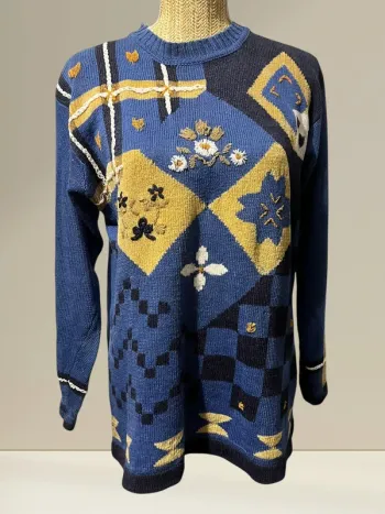 Pull vintage bleu avec broderies fleuries – Taille L– Style rétro