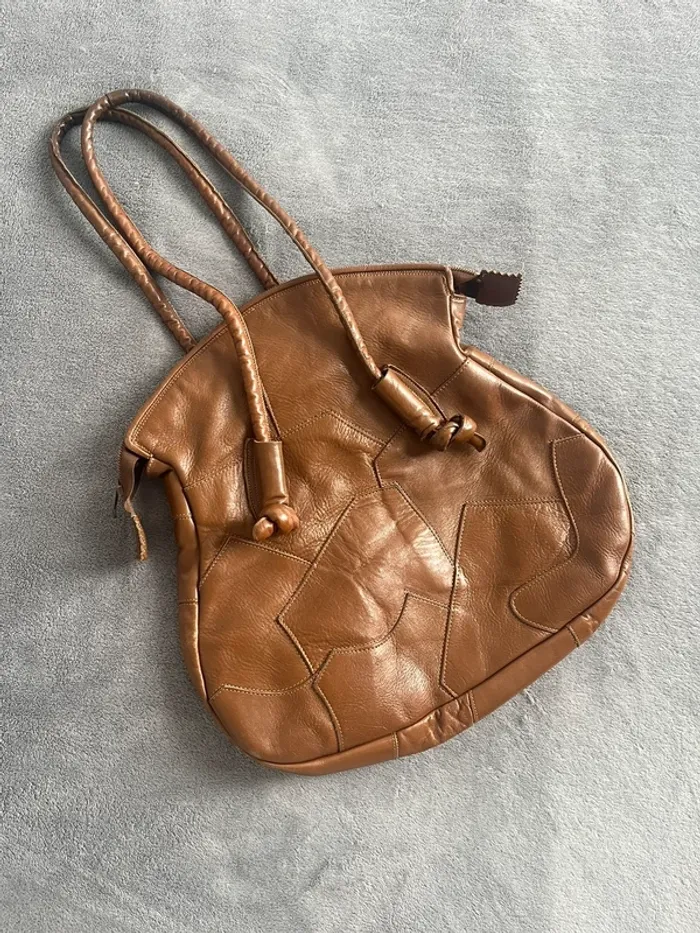 Sac cabas marron clair vintage – Patchwork souple 70s boho - photo numéro 4