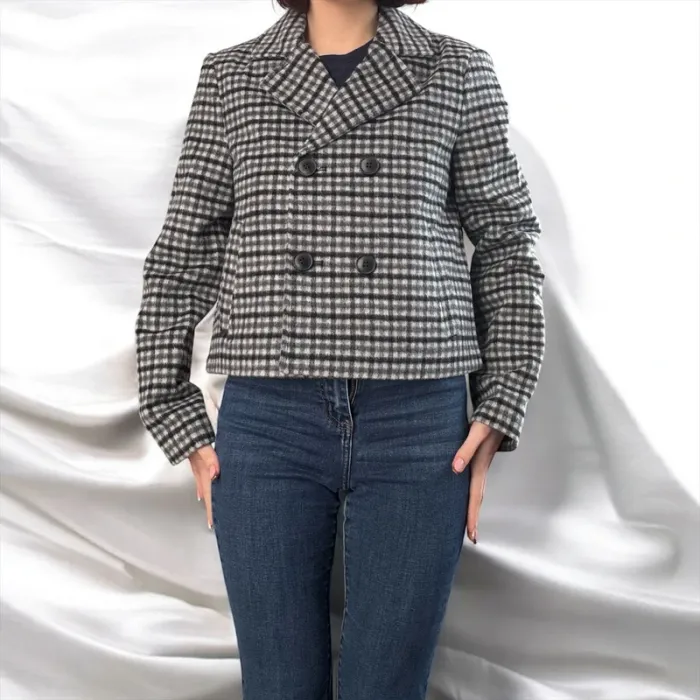 Manteau court laine à carreaux noir/gris