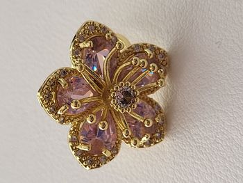 Bague acier inoxydable doré, fleur zircon rose