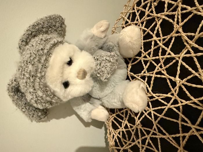 Paul est un ours en peluche blanc et gris avec un chapeau et une écharpe gris. - photo numéro 2