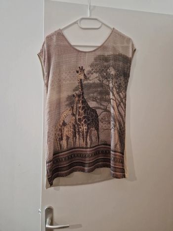 Tee-shirt tunique manche courte femme motifs girafe beige TBE taille M grain de malice