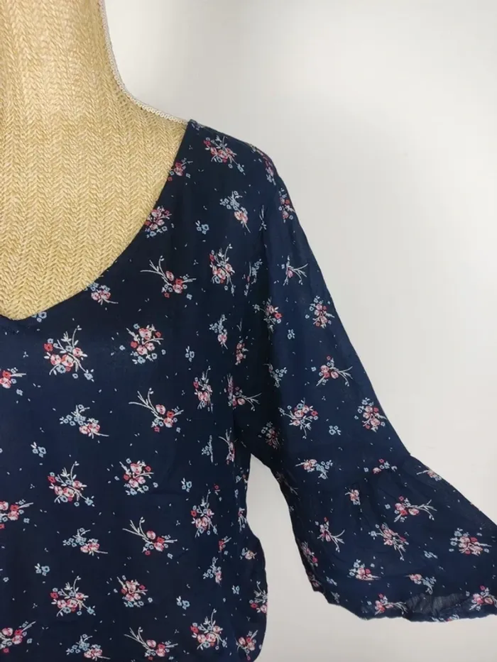 Robe droite mi-longue manches 3/4 évasées bleu nuit ceinture à nouer motif fleuri taille 48 Tissaia - photo numéro 5