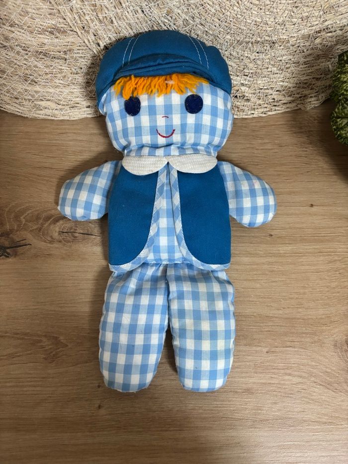 Vintage poupée chiffon grelot bleu carreau Fisher Price 1977 - photo numéro 2