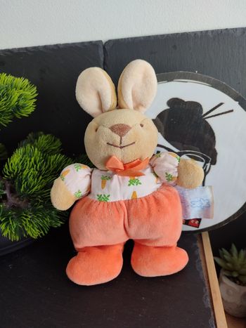 Doudou hochet lapin orange carottes peluche comptine marron noeud Beige DD003281