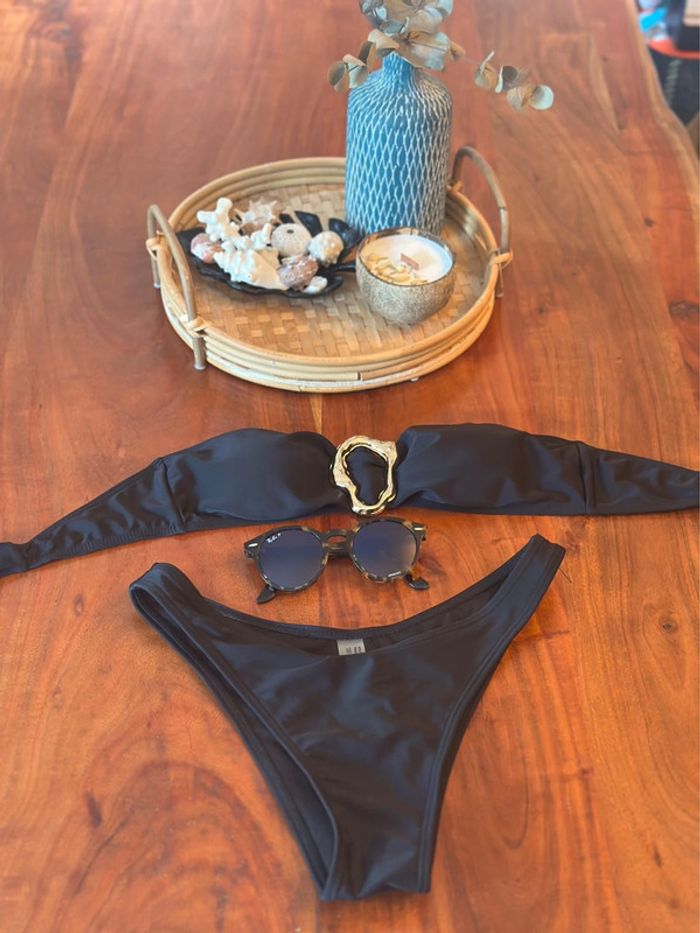 Bikini noir bandeau avec boucle dorée - Taille S - photo numéro 4