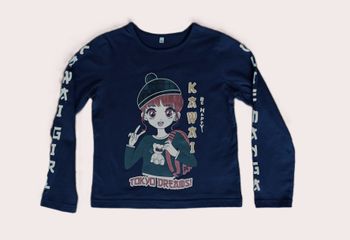 T shirt manches longues bleu marine décor petite fille et ours. Tokyo Dreams. 6 ans