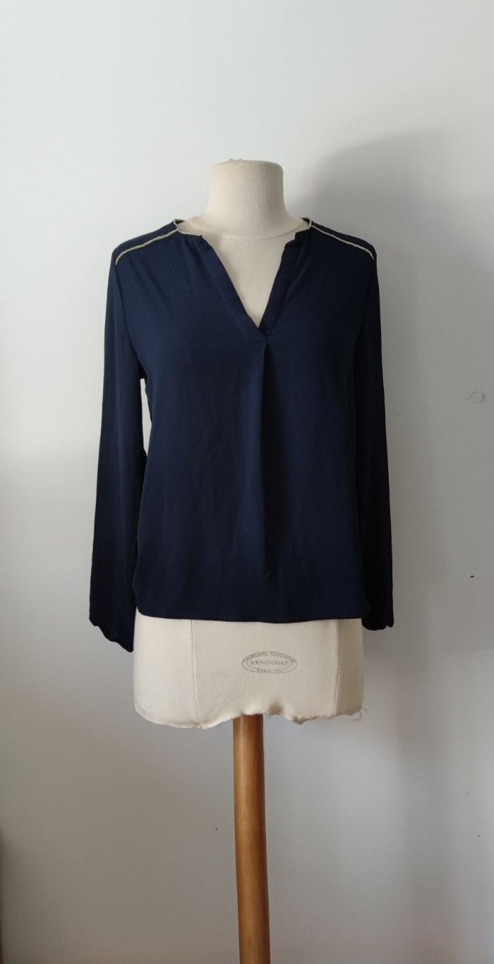 Haut Cache Cache femme taille S Bleu marine Manches longues Encolure V Bon état Chic fluide