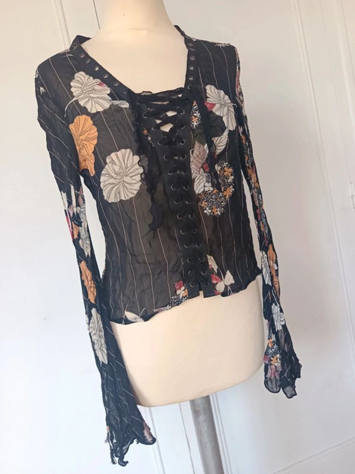 haut top y2k 90 2000 blouse voile transparente à rayure femme sexy à lacet fleurie mng - photo numéro 8