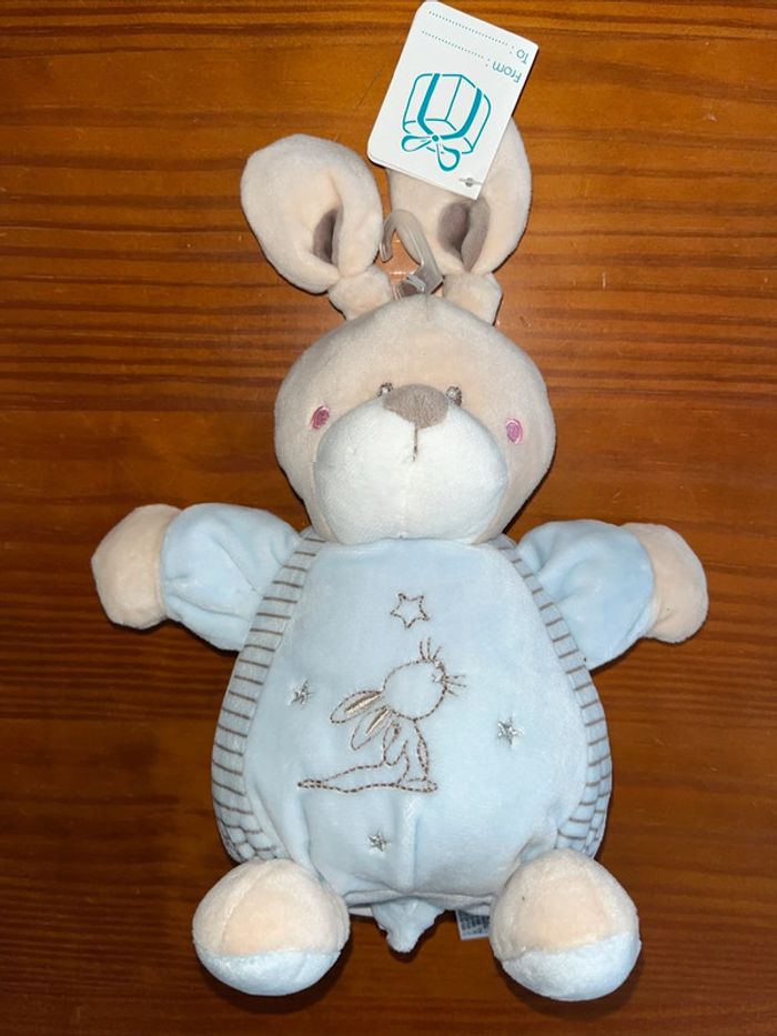 Peluche doudou, lapin bleu, beige, velours musical