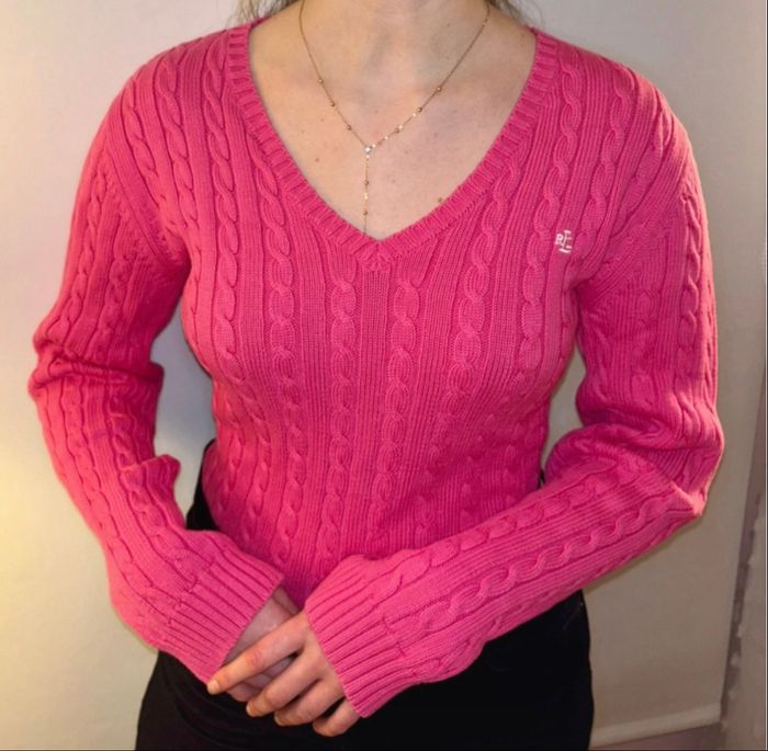 🩷 Pull Ralph Lauren Neuf Torsadé Rose Col V Taille L/40 - 100% Coton - photo numéro 3
