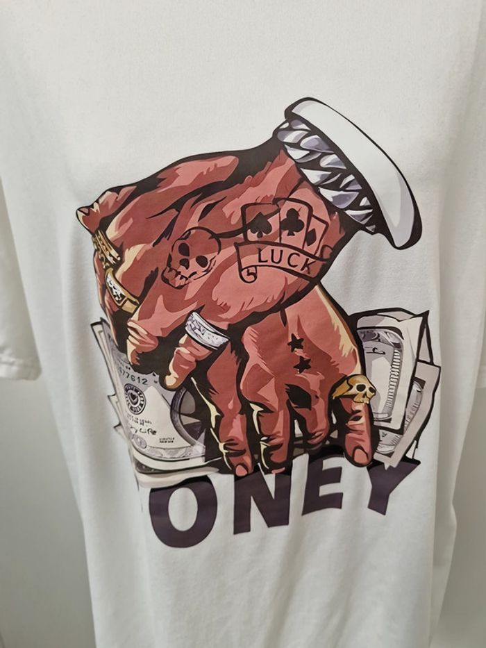 T-Shirt Hip Hop Gangster Blanc Imprimé Mains Money - photo numéro 2