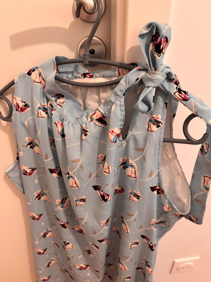 Robe bleu fleurie avec col noué New Lily taille L - photo numéro 3