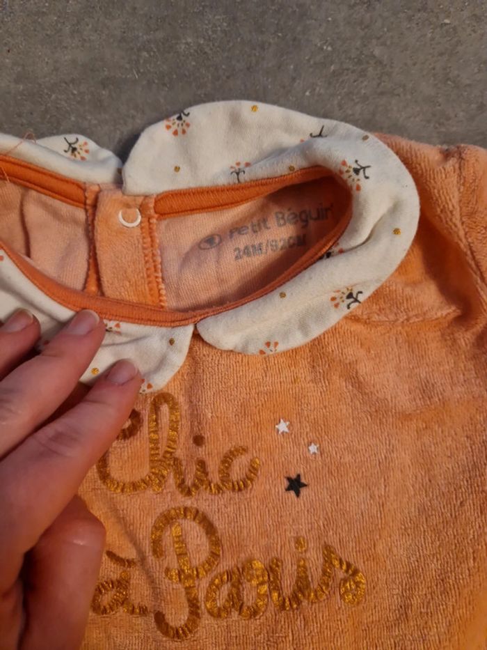 Lot 2 grenouillère bébé filles velour rose corail antidérapant T24mois TBE petit béguin - photo numéro 3