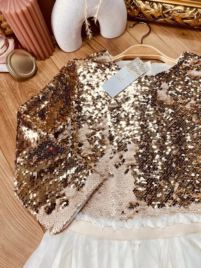 Taille 10 ans Robe longue créateur fille TAO blanche doré * tulle sequins réversibles * 🌺 - photo numéro 2