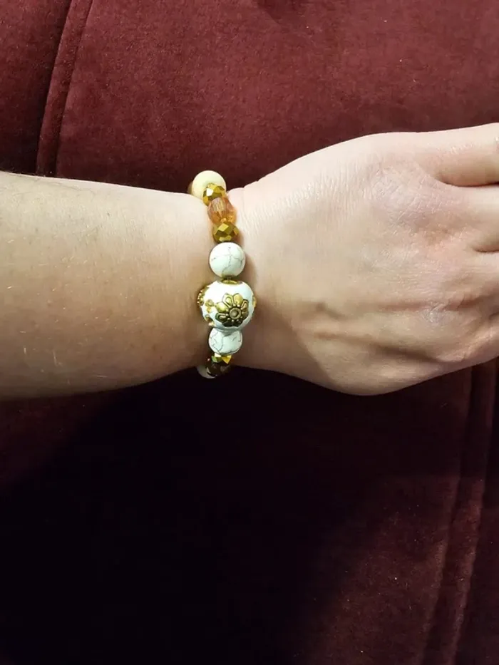 Bracelet Perles Fantaisie - Motifs Dorés - 15.5cm - Neuf - photo numéro 3