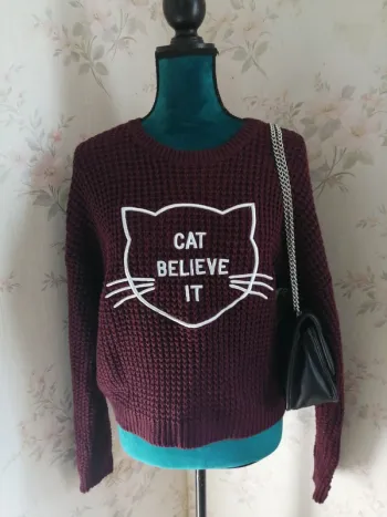 Pull bordeaux en maille avec message et tête de chat brodé / fb sister / (M)