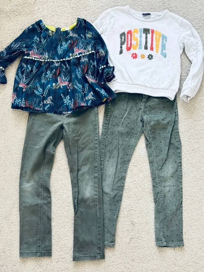 Lot fille 7–8 ans (Kiabi, Influx) : 2 pantalons, sweat, tunique