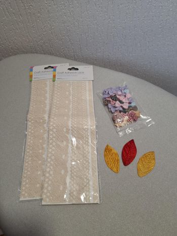 Lot scrapbooking/carterie ruban dentelle adhésif, feuilles, petits noeuds neuf